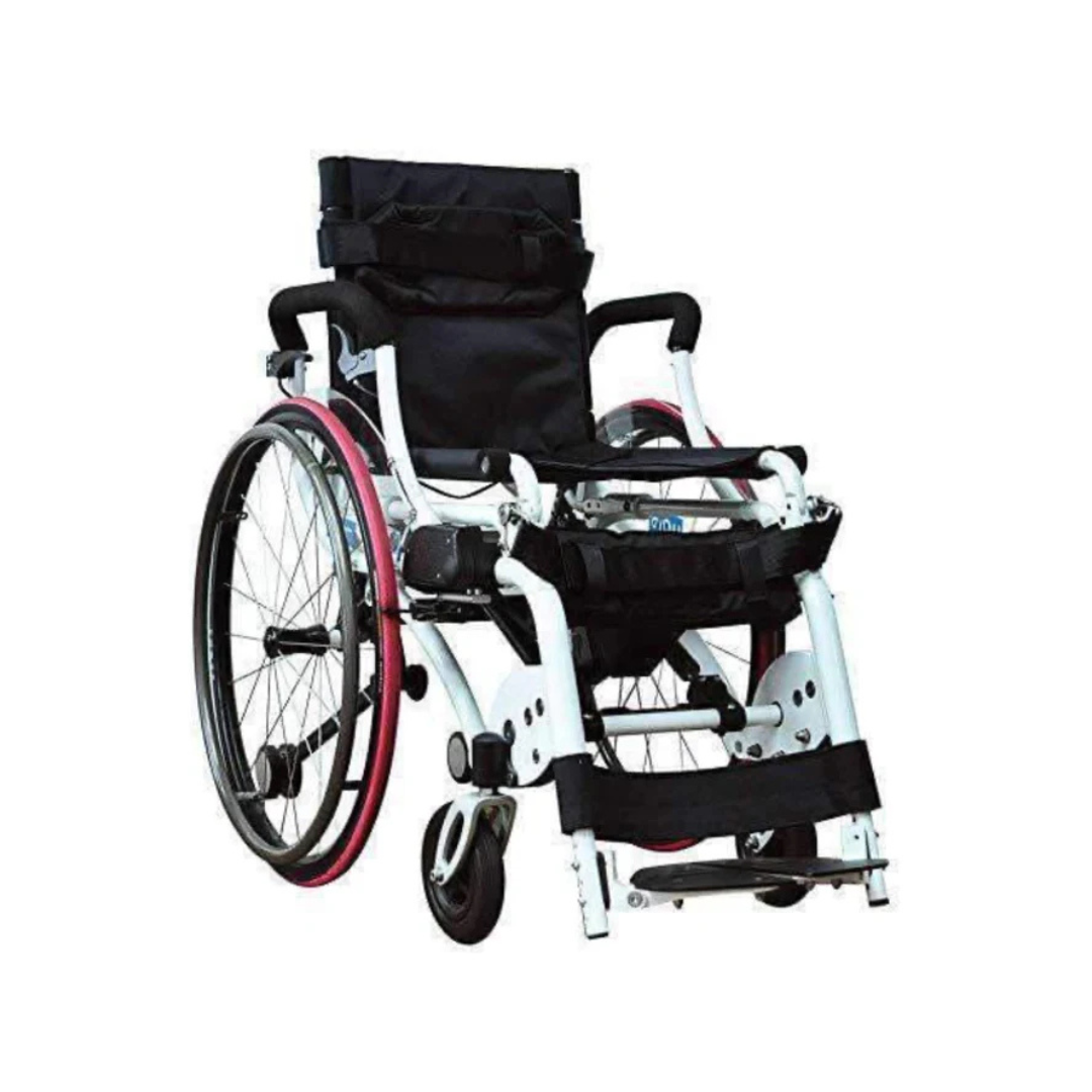 The Foldawheel Lloyd LEO Ultralite Standing Manual Wheelchair is a foldable, lightweight manual chair with large rear wheels, padded seat, armrests, and adjustable footrests—ideal for comfortable and portable everyday use.